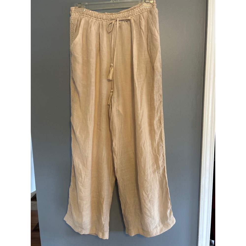 Studio JPR Womens Wide Leg Boho Pants Tan Crochet Lace Trim Tassel‎ Drawstring M